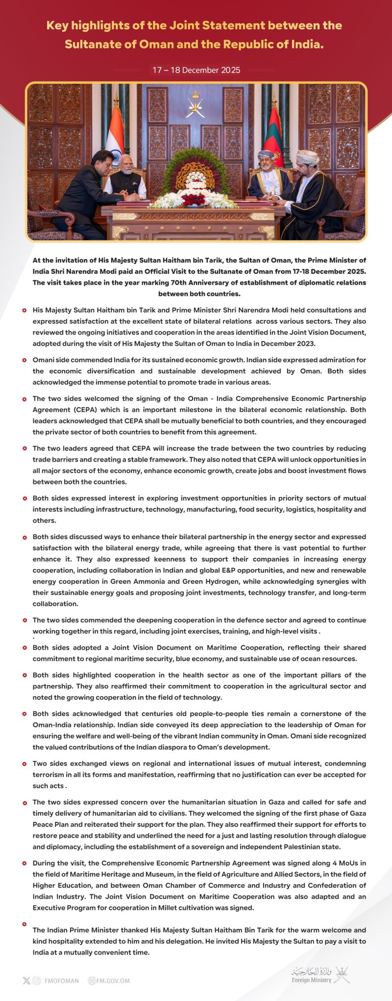 Key highlights of Joint Statement between Oman and India
