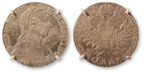 A silver coin featuring a profile of a monarch on one side and a coat of arms with an eagle on the reverse.